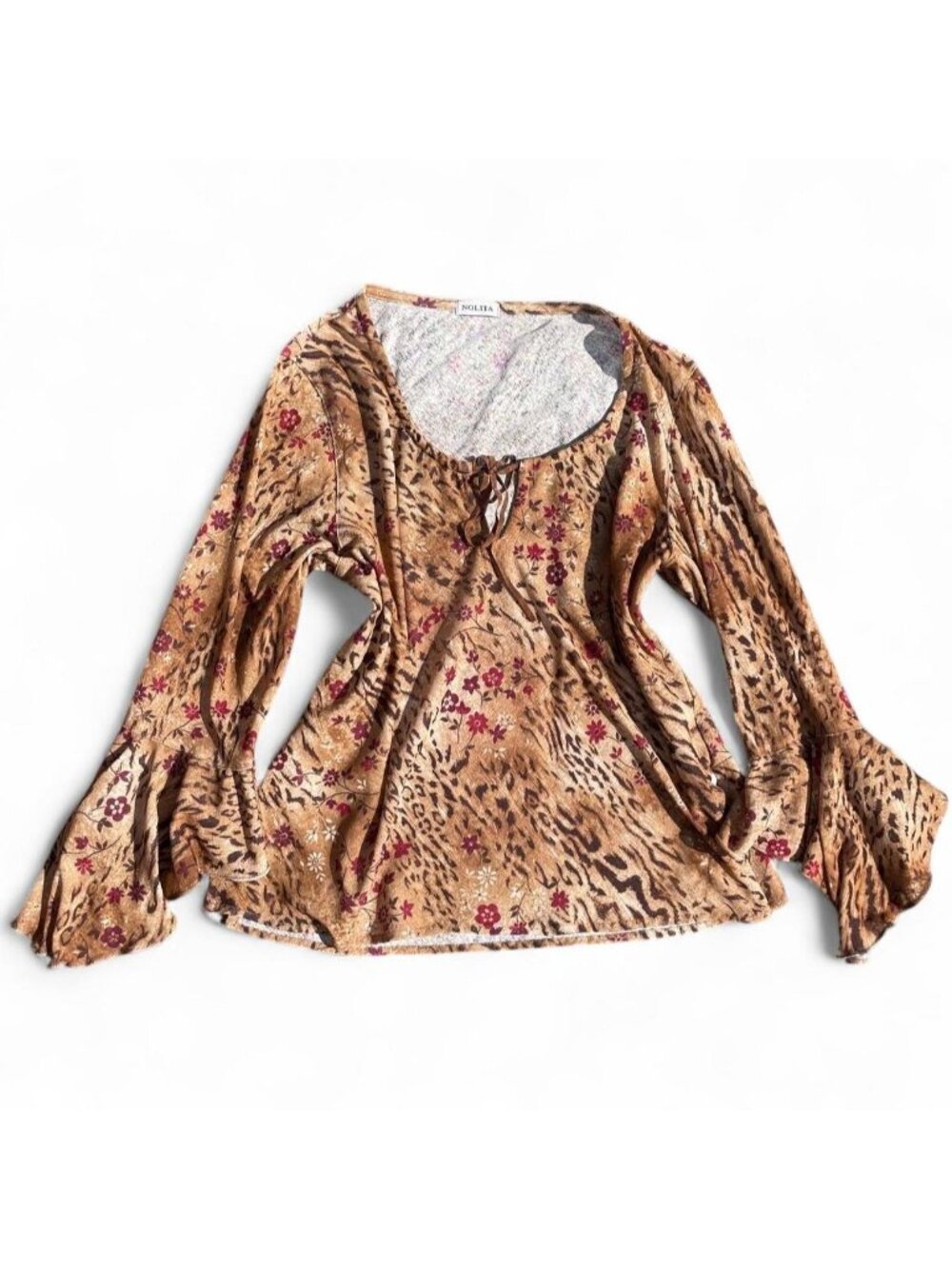 Vintage flare sleeved floral and leopard print semi sheer blouse - Picture 5 of 6